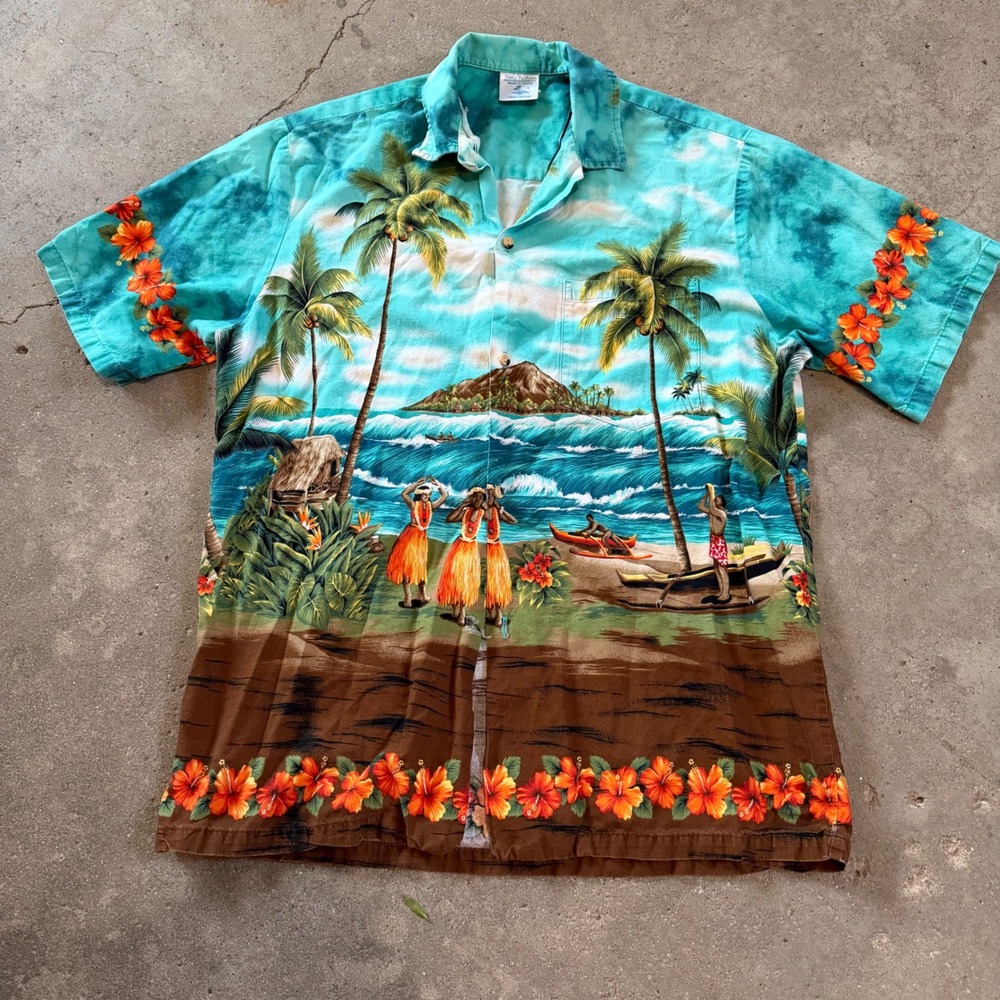 VTG Hana Fashion Hawaiian Shirt Mens L Teal Scenic Hula Dancers Hibiscus Cotton